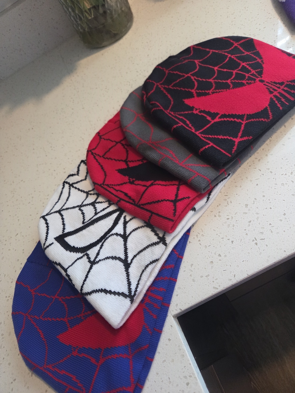Spiderweb Pattern Knit Beanie Bundle - Red, Black, White, Blue, Gray.